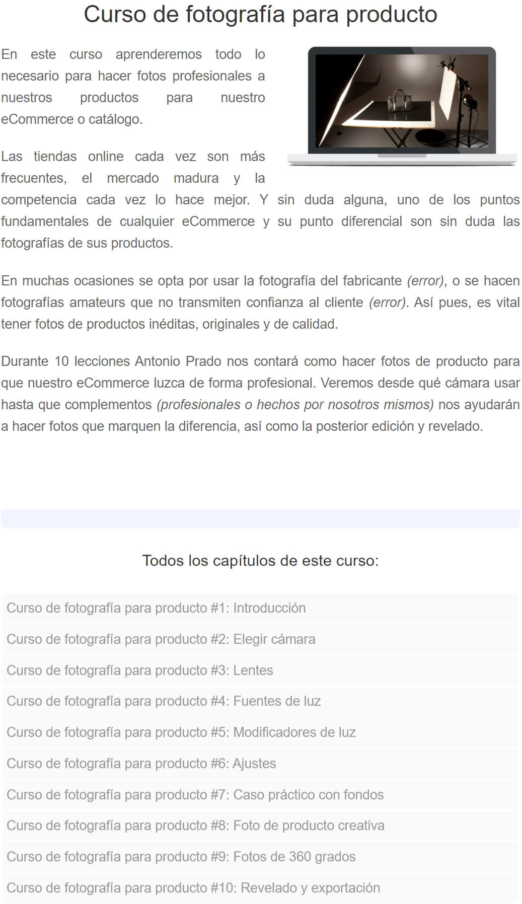 Curso de fotografía para producto