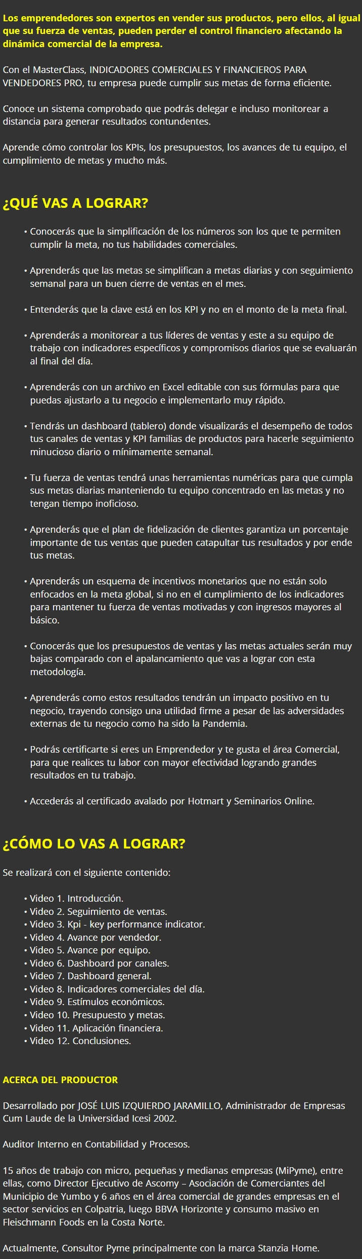 Indicadores Comerciales y Financieros para Vendedores Pro